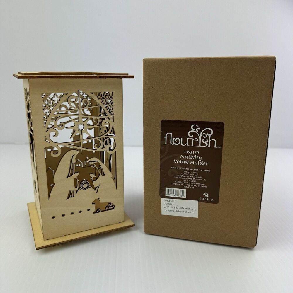 Flourish Nativity Votive Holder Lit Wood Christmas Centerpiece